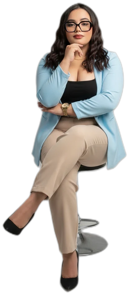 Grey Ramírez, fundadora de Grey Academy, sentada en un taburete con blazer celeste